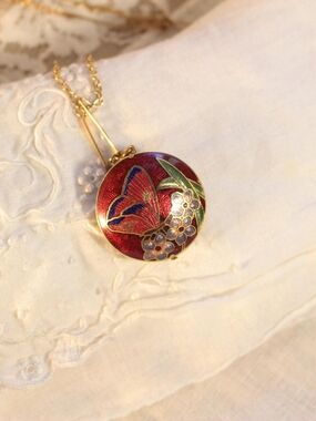 Gold-Tone Red Butterfly Cloisonné Pendant Necklace